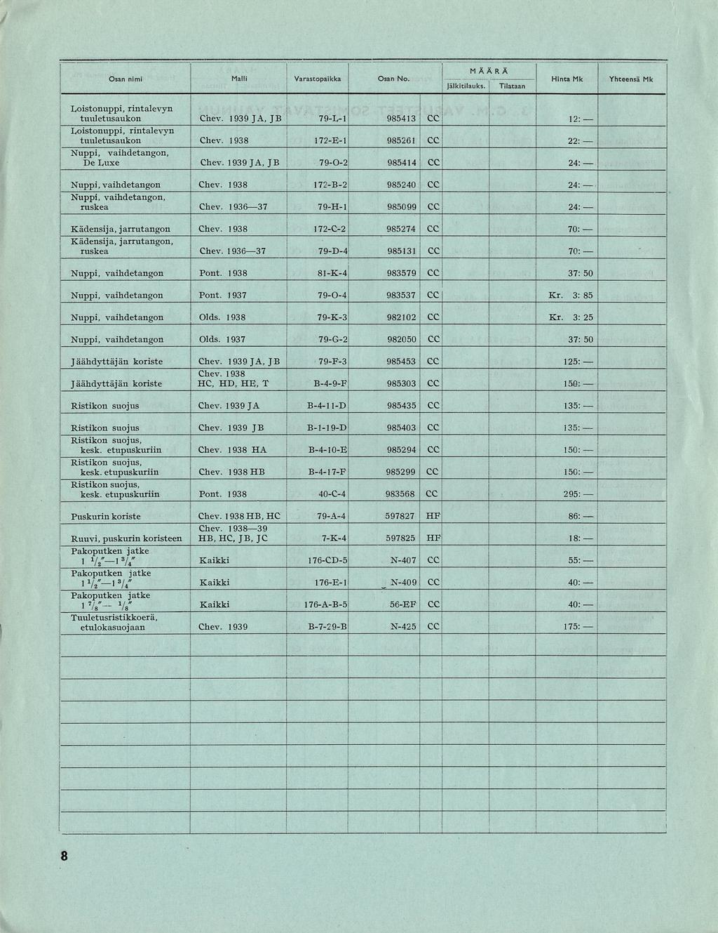 HB 79-F-3 40-C-4 72-B-2 79-G-2 B-4-7-F B-4-9-F 983568 B-7-29-B } 24 50 24 35 35 75 Kr Osan nm Mall Varastopakka Osan No Jälktlauks Tlataan Hnta Mk Yhteensä Mk Lostonupp rntalevyn tuuletusaukon Chev