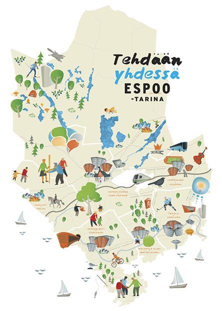 Espoo tarina: missio Verkostomainen viiden kaupunkikeskuksen Espoo on vastuullinen ja inhimillinen
