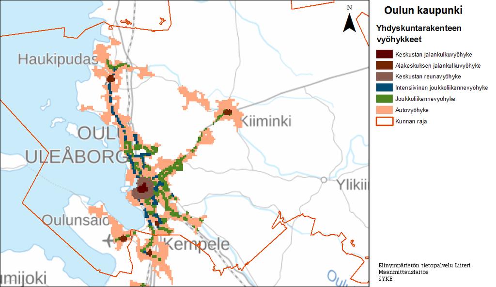 Yli 65-vuotiaiden määrä Oulun kaupungin yhdyskuntarakenteen vyöhykkeillä 2014 Keskustan jalankulkuvyöhyke: 3 197 12 % Alakeskuksen jalankulkuvyöhyke: