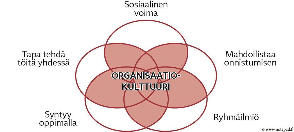 Organisaatiokulttuuri yhdistää ihmiset toisiinsa ja erottaa organisaatiot toisistaan pitää organisaation kasassa ja toimivana ohjaa sitä mitä teemme, mihin kiinnitämme huomiota ja mitä pidämme