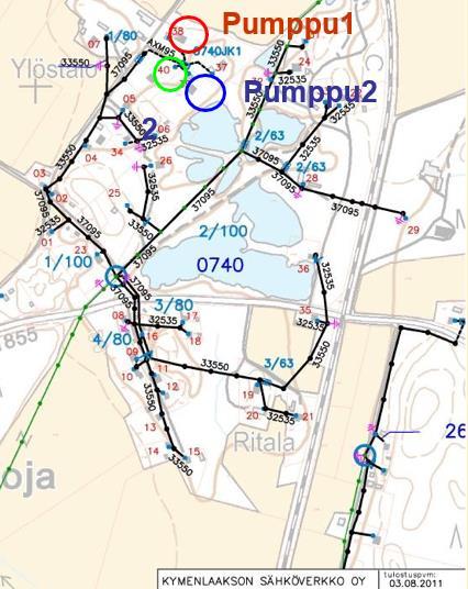 Esimerkki 2: Kahden omakotitalon maalämpöpumppujen yhteisvaikutus (1/5) Samalle jakokaapille kytketty 4 omakotitaloa (I k 320 A), joista 2:ssa