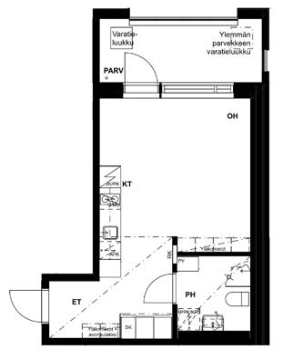 Huoneistopohjat 1h + kt 30,5 m 2 Asunnoissa C129 ja C147 parvekekaiteen edessä