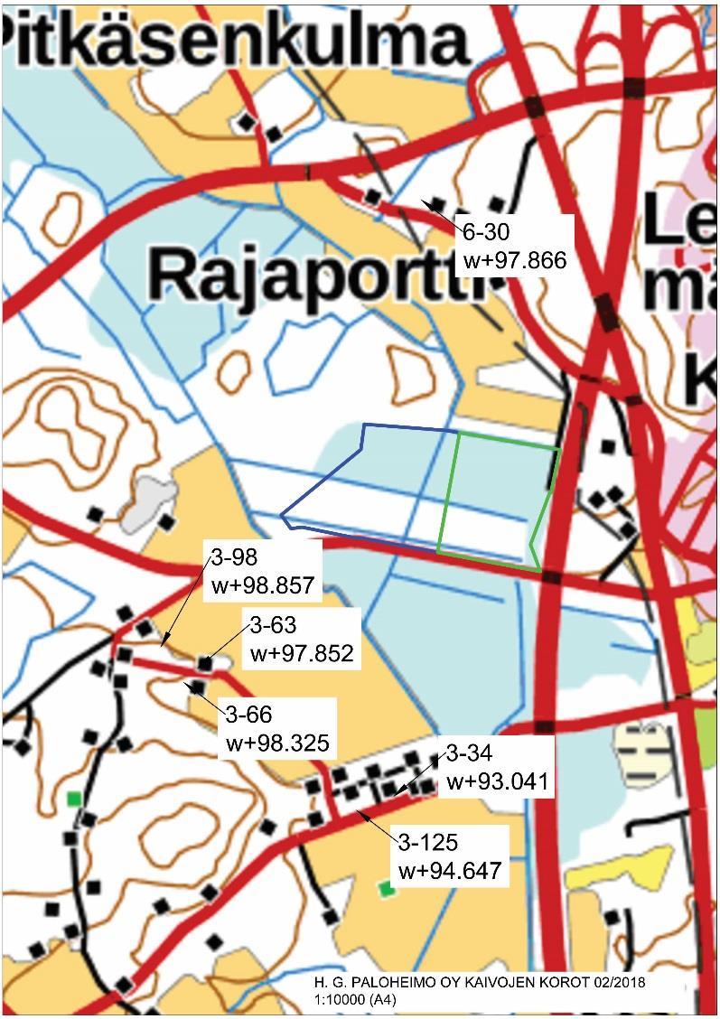 Kuva 1. Tutkittujen kaivojen sijainnit ja pohjaveden korkeustiedot. 3.4 Pintavesi Hankealue kuuluu sen läpi virtaavan Herajoen latva-alueeseen.