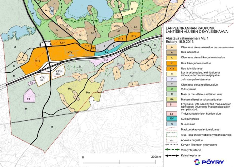Kuva 66. Rakennemalli 1+. VE 1+: Vaihtoehto 1+:ssa lähtökohtana oli laajeneva kaupunkirakenne. Länsialue oli VE 1+:ssa tärkeä asumisen kasvusuunta.