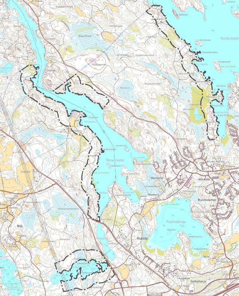 Lappeenrannan keskustaajaman osayleiskaava Läntinen osa-alue Kaavaselostus 112 Kuva 70. Rantarakentamisen rakennusoikeustarkastelun alue.
