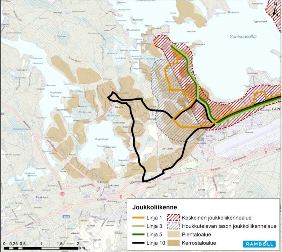 121 Lappeenrannan keskustaajaman osayleiskaava Läntinen osa-alue Kaavaselostus Kuva 75. Joukkoliikennereitistö. 6.