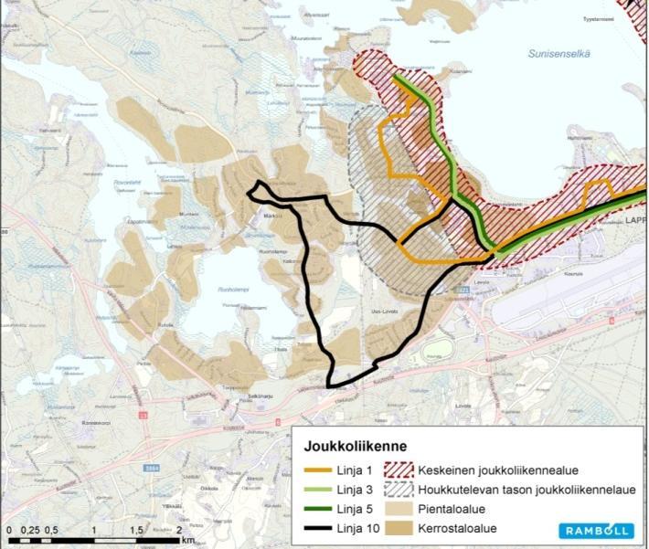 71 Lappeenrannan keskustaajaman osayleiskaava Läntinen osa-alue Kaavaselostus Joukkoliikenne Länsi-Lappeenrantaan liikennöi neljä paikallisliikenteen linjaa.