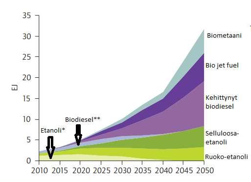 18 Kuva 7. Maailman biopolttoaineiden kysyntä vuonna 2050 (Eisentraut 2011: 27). 4.3.