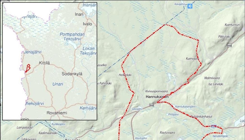 Kuva 1. Osayleiskaavoitettavan alueen sijainti ja rajaus 2. Päätökset Hannukaisen kaivosalueen kaavoittamisesta on päätetty Kolarin kunnanhallituksessa 22.11.2010 355.