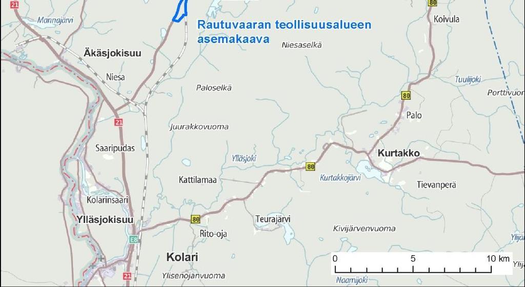 Varsinainen suunniteltu kaivosalue sijoittuu Pakavuomalta Äkäsjokeen laskevien Valkeanjoen ja Kuerjoen väliin.