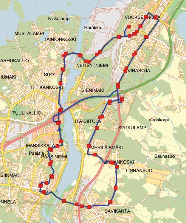 1 2 3 Reitti: ntie - Torikatu - Karjalantie - VT6 - Tainionkoskentie - Koulukatu - Vuoksenrannankatu - Heikinkatu - Esterinkatu - Olavinkatu - Einonkatu - Helsingintie - Imatrankoskentie -