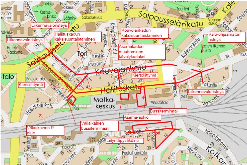 Matkakeskushankkeen liikennejärjestelyt Kangas Toimenpiteet: - Hallituskadun kaksisuuntaistaminen väl. Salpausselänkatu Kouvolankatu - Kouvolankadun kaksisuuntaistaminen väl.