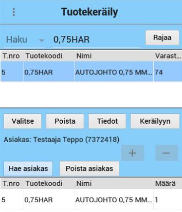 Asiakkaan valittuna (Testaaja Teppo) Lopulta painetaan Keräilyyn-painiketta, jolloin sovellus vahvistaa