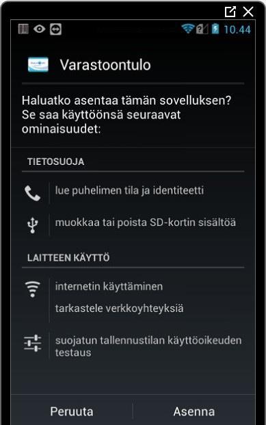 Asennuksessa kerrotaan sovelluksen ominaisuuksista ja käyttöoikeuksista sekä asennus