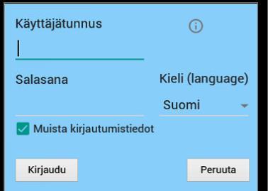 Sisäänkirjautumissivu Käyttäjätunnuksen ja salasanan lisäksi alkuvaiheessa on määriteltävä palvelun IP-osoite ja portti sekä pääsykoodi.