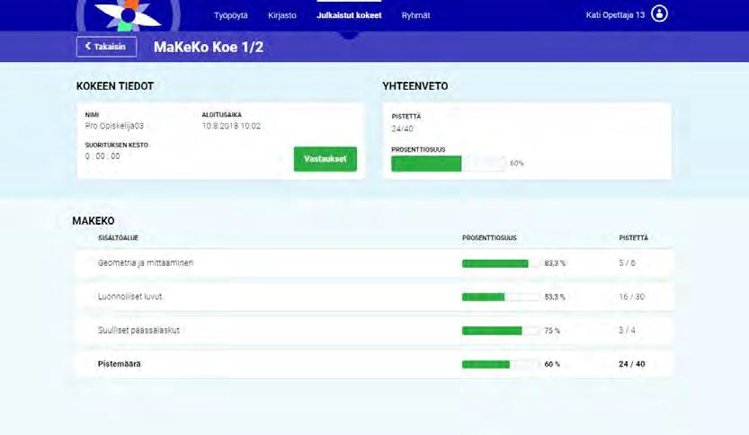 Oppilaan näkymässä näet oppilaan yhteispistemäärän sekä pisteet osa-alueittain. Napauttamalla Vastaukset-linkkiä pääset tarkastelemaan oppilaan vastauksia kyseisen osa-alueen tehtävissä.
