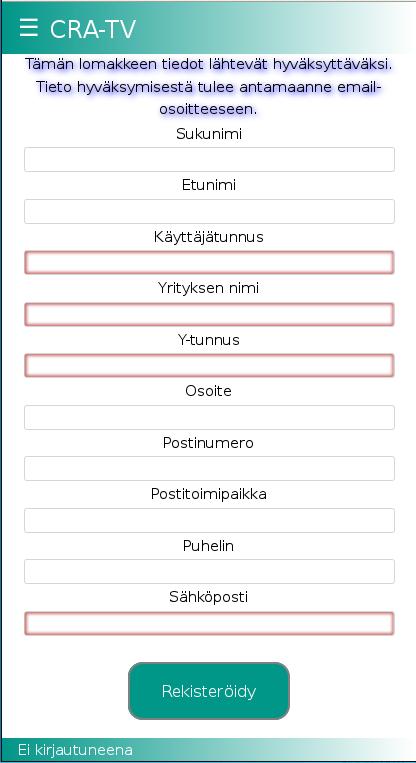 Sivu 4 Rekisteröityminen: Rekisteröitymislomakkeella punaisella kehyksellä korostetut tiedot ovat pakollisia tietoja.