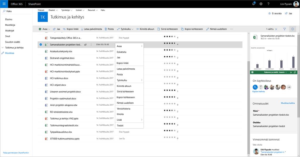 Tiedostojen käyttäminen Valitse sivusto SharePoint-aloitussivulta tai kirjoita sen URL-osoite selaimeen. Valitse vasemmassa siirtymisruudussa Tiedostot.