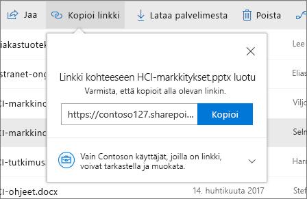 Kopioi linkki Voit jakaa tiedoston myös kopioimalla linkin ja liittämällä sen sähköpostiviestiin, pikaviestiin, verkkosivuun tai OneNote-sivuun.