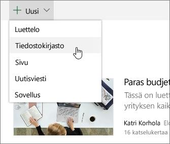 (Jos valitset ryhmäsivuston, luodaan myös Office 365 -ryhmä.) Sivun lisääminen Valitse + Uusi > Sivu uudessa sivustossa ja valitse sitten Julkaise.