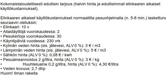 Esimerkki: Raepatapesukone Tarjoajan elinkaarikustannusten