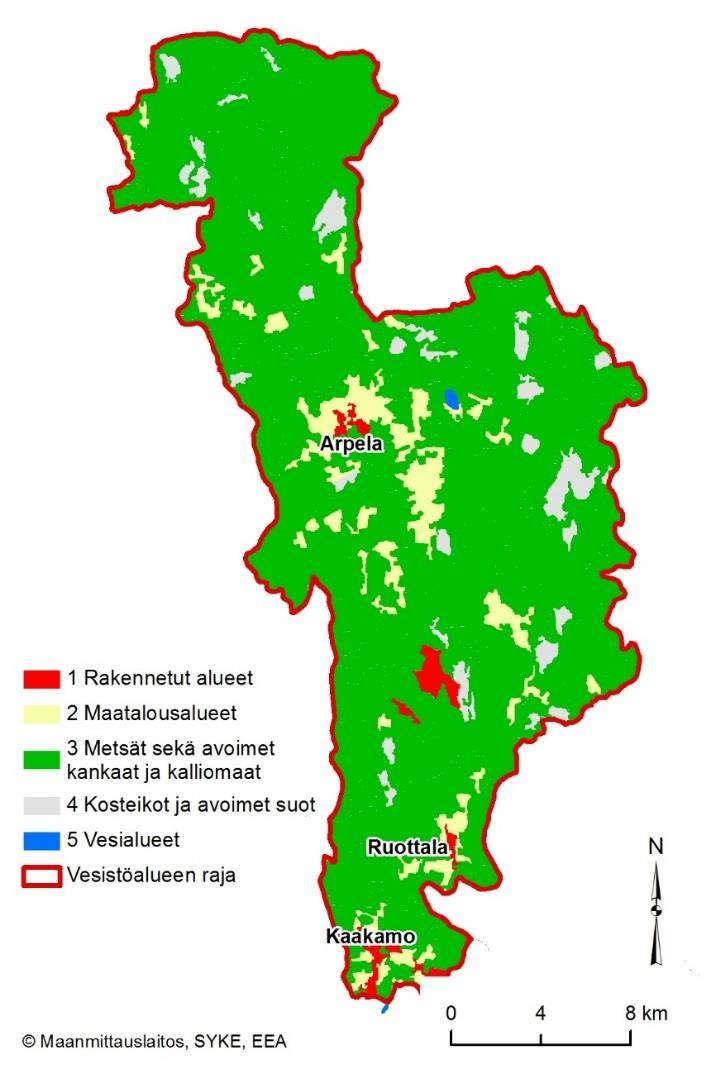 Kuva 7. Maankäytön jakaantuminen Kaakamojoen vesistöalueella (Corine 2012, päätaso) 2.