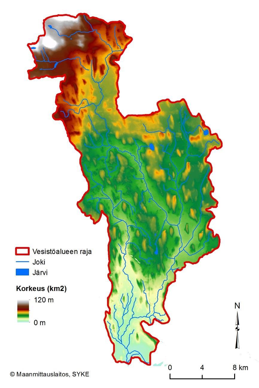 Kuva 3. Maanpinnan korkeussuhteet Kaakamojoen vesistöalueella (korkeus N2000+m) 2.2 Ilmasto-olosuhteet Kaakamojoen vesistöalue kuuluu keskiboreaaliseen lauhkeaan ilmastovyöhykkeeseen.