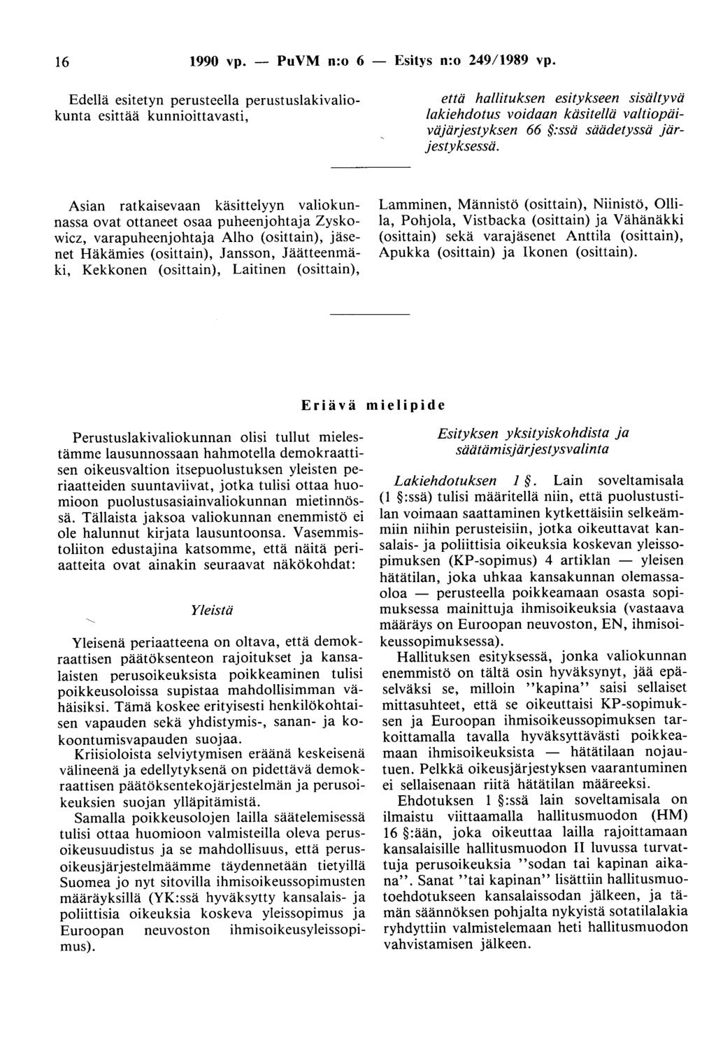 16 1990 vp. - PuVM n:o 6 - Esitys n:o 249/1989 vp.