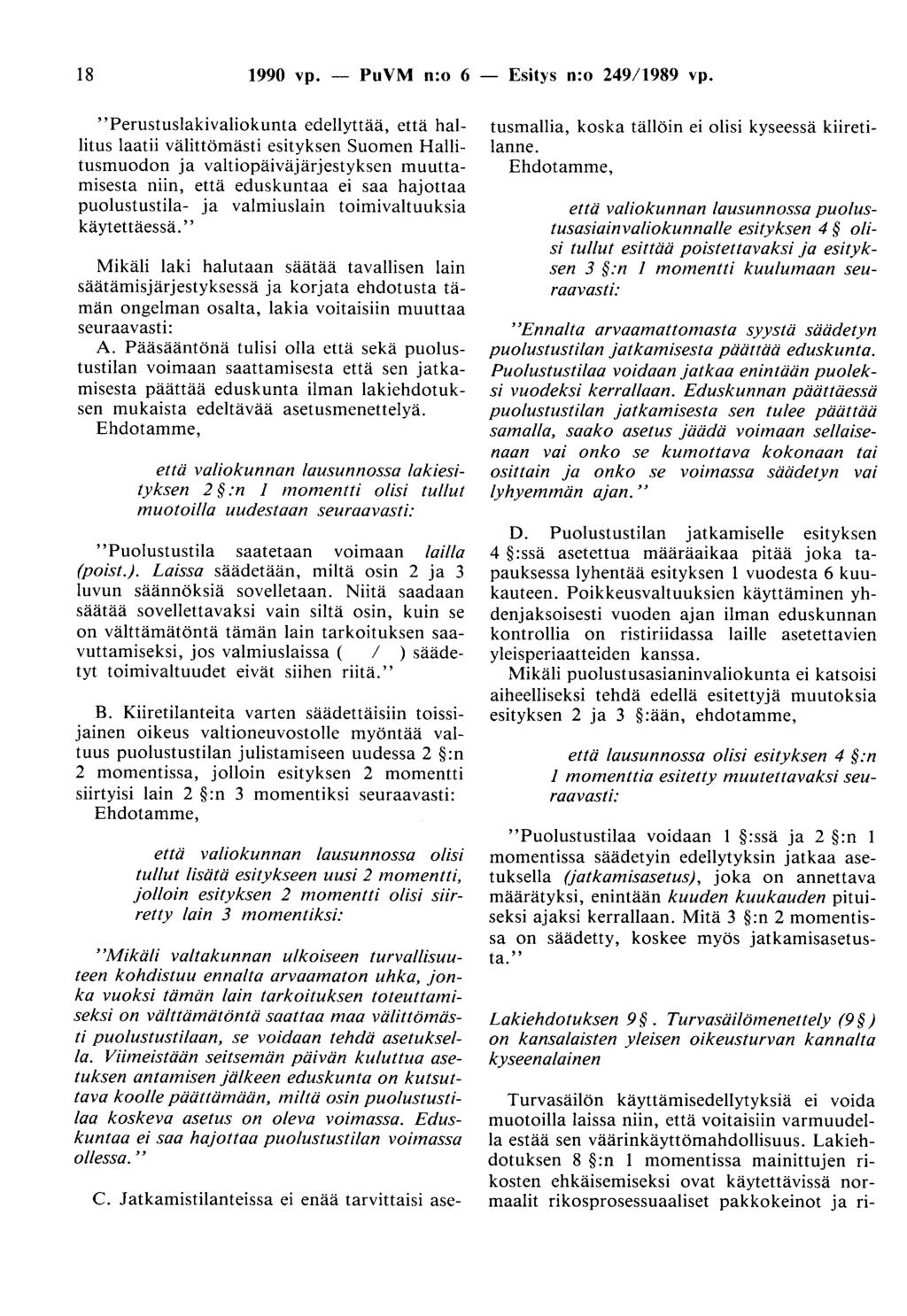 18 1990 vp. - PuVM n:o 6 - Esitys n:o 249/1989 vp.