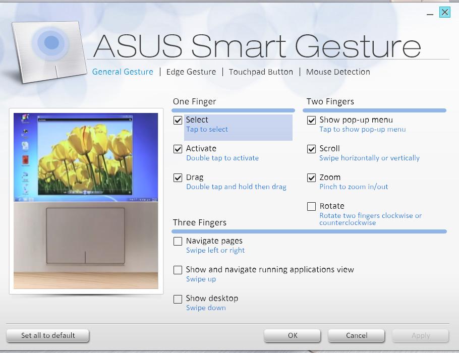3. Rastita ASUS Smart Gesture ikkunassa eleet, jotka haluat ottaa käyttöön Kolme sormea -kohdassa. 4.