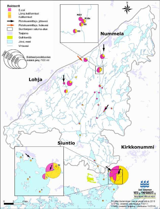 Kuva 2. Siuntionjoen ja Pikkalanlahden bakteerimäärät v.