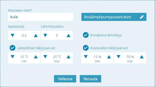 Ohjaukseen tarvitaan langaton, infrapunatoiminen ohjain, joka asennetaan pumpun läheisyyteen. Asetussivulla näkyvät huoneet, joihin ilmalämpöpumppu on määritelty.