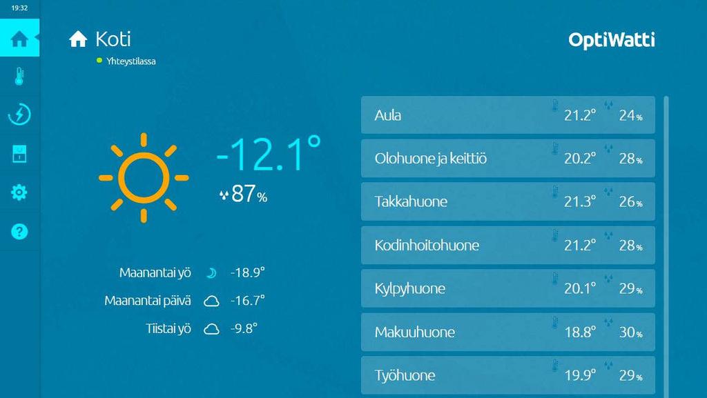 4 Käyttöliittymä Kirjautumaan ulos käyttöliittymästä Pääsivu Pääsivulla näet yhteenvetona kohteesi tilanteen. Kohteen nimen KOTI voit muuttaa asetukset-kohdasta.