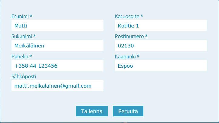 Käyttäjän tietoihin (Matti Meikäläinen) kirjataan yhteystiedot.