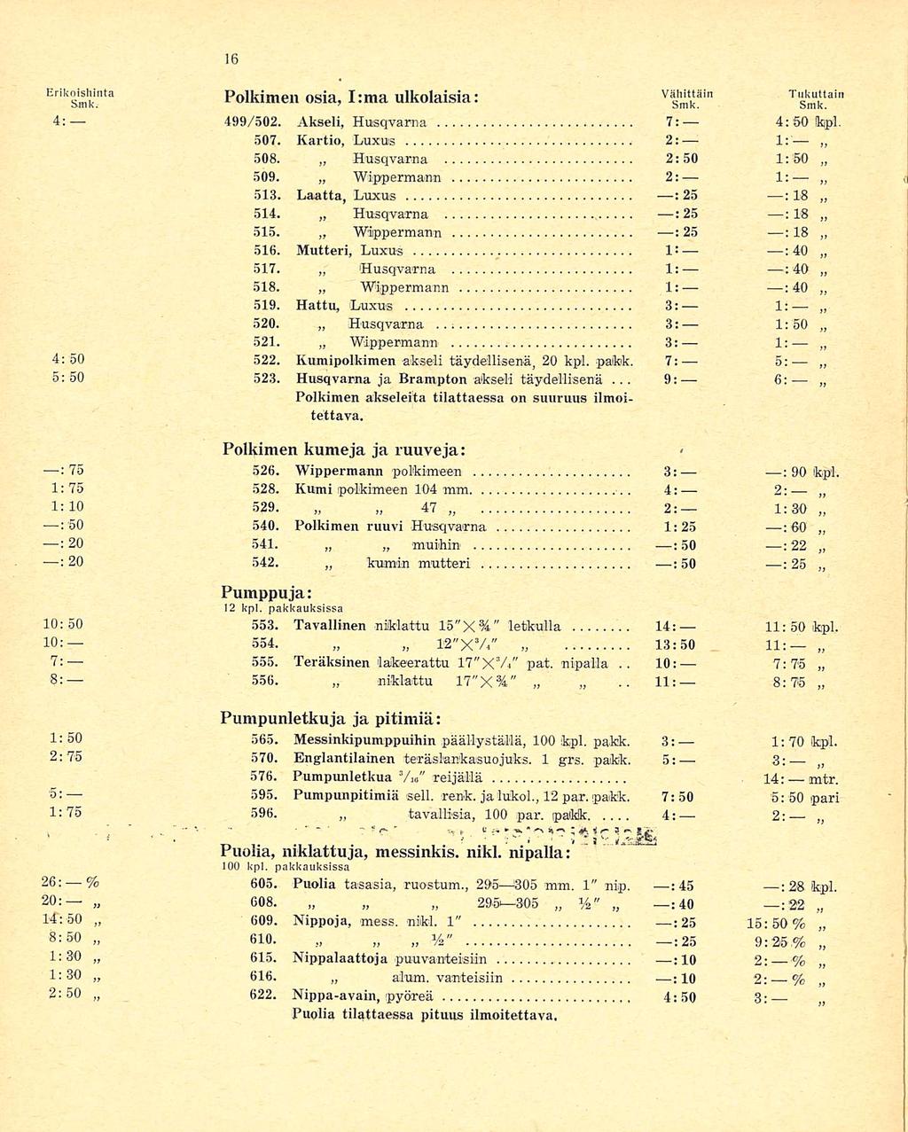 7: 9: 10:.. 11: Er ' k smk inta Polkimen osia, I:ma ulkolaisia: V smk äin T 'smk tain 4: 499/502. Akseli, Husqvarna. 4:50 topl, 507. Kartio, Luxus 2: 1: 508. Husqvarna 2:50 1: 50 509.