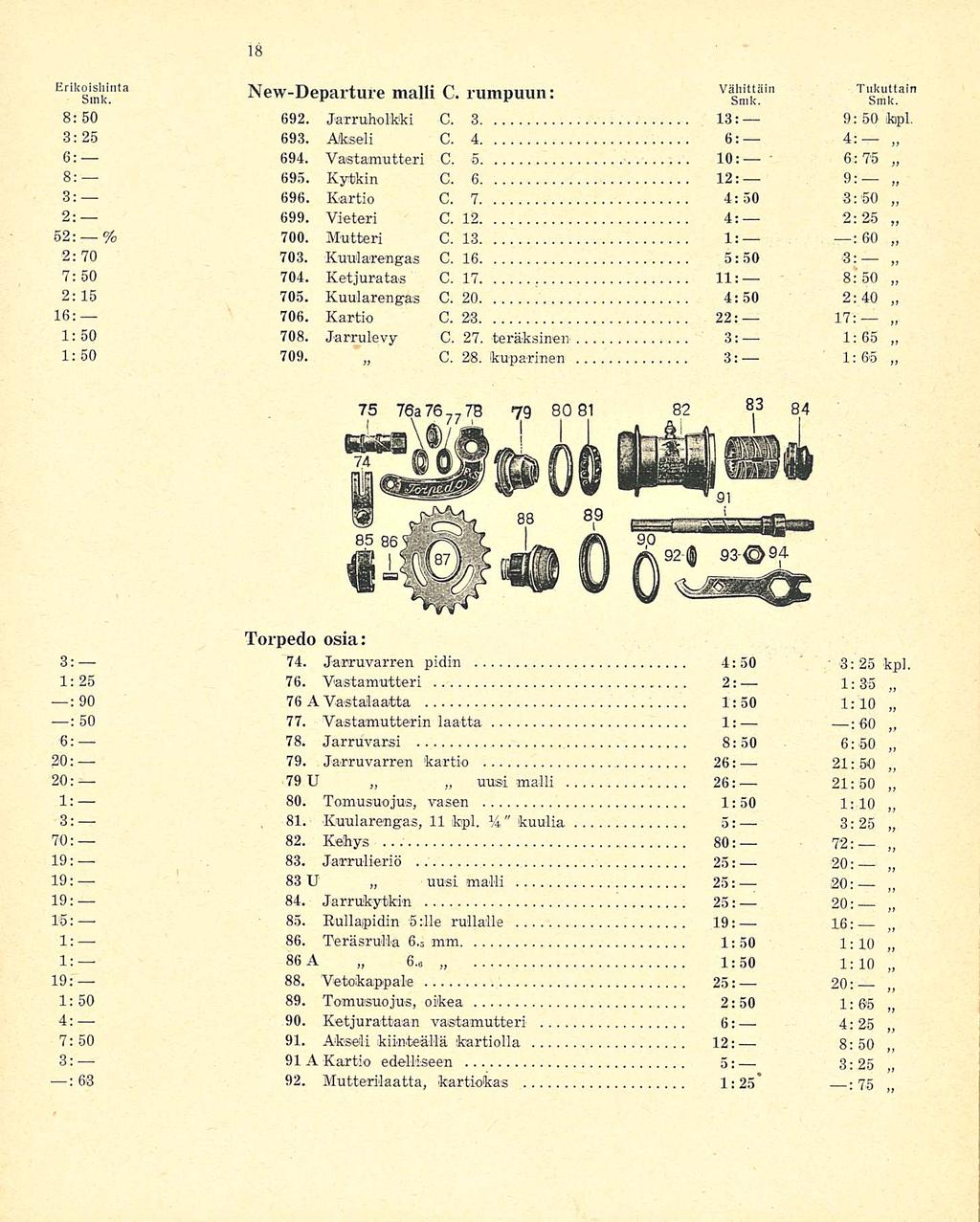 694. 78. 86. : 63 92. Mutterilaatta, kartiokas 1:25* :75 9: 1:65 Erik smk. nla New-Departure malli C. rumpuun: V smk äln Tl smk tain 8:50 692. Jarruholkki C. 3 13: 9: 50 kpl. 3:25 693. Akseli C.