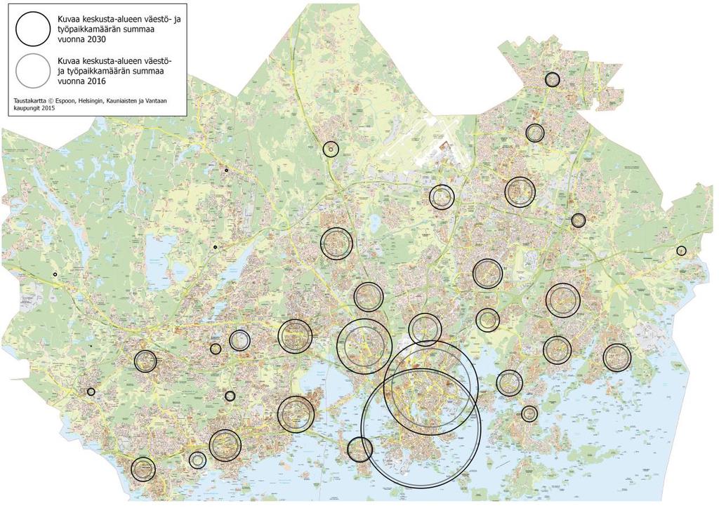Esityslista Sivu 15/39 Kuvassa pääkaupunkiseudun keskustaverkosto vuoden 2016 väestö- ja työpaikkamäärien summana sekä vuoden 2030 ennustelukujen summana: Keskustojen (C) yleiskaavaratkaisut Kautta