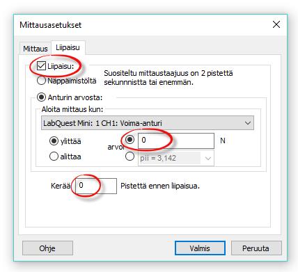 2 Edistyneet mittausasetukset Jos halutaan, että mittaus käynnistyy automaattisesti, kun anturin arvo ylittää/alittaa asetetun rajan, valitaan mittausasetus -ikkunan Liipaisu -välilehti.