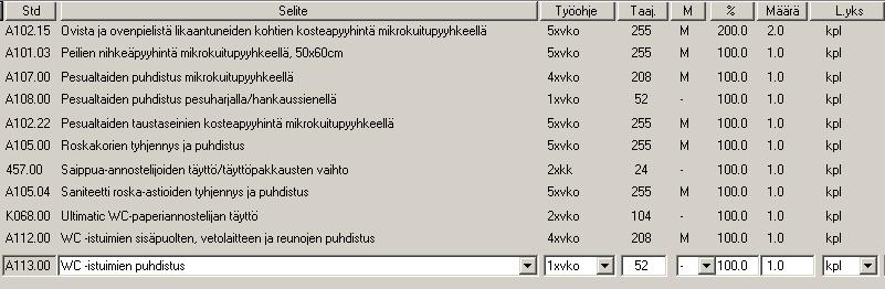 Laskentamallit Laskentamallit on rakennettu niin, että mukana on mahdollisimman paljon kalustetöitä. Laskijan on helppo poistaa siivousohjelmaan kuulumattomat työrivit laskennasta.