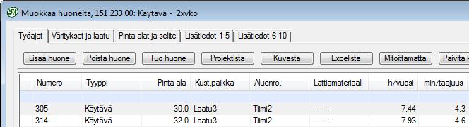 Lisää huone 1/2 Voit lisätä samalla mallilla laskettavia huoneita laskentamallille. Paina työmäärälaskentakortin Huoneet -painiketta.