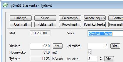 Lisää huone 2/2 Muokkaa huoneita -ruudulla voidaan ylläpitää Kustannuspaikka-, Aluenumero- sekä Lattiamateriaalitietoja.