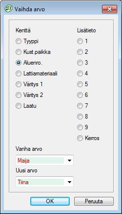 Aluejako -ruudulla nähdään koko projektin huonekohtaiset tilat ja niiden