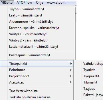 Ylläpito -valikko Ylläpitovalikosta voit tarkistaa ja muokata ohjelman asetuksia, piirustusten värityksiä, projektien