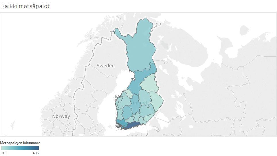 Metsäpalojen lukumäärä kartalla Pienet metsäpalot painottuivat Etelä-Suomeen. Suuret palot painottuivat Lappiin.