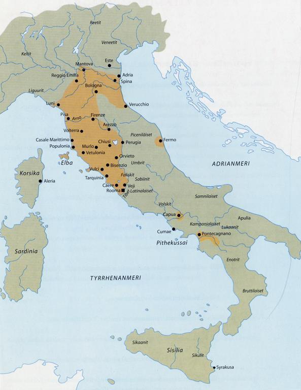 ROOMA ELEMENTTEJÄ KREIKASTA JA ETRUSKEILTA Etruskilainen ja kreikkalainen kaupungistuminen kohtaavat nyk. Campanian alueella 500- ja 400- luvuilla ekr.