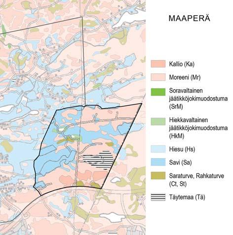 Moreeni on pintaosistaan huuhtoutunutta, melko hyvin vettä läpäisevää, hiekkamoreenia. Syvemmällä se muuttuu hienoainespitoiseksi, huonommin vettä läpäiseväksi pohjamoreeniksi.