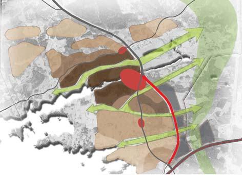 Vaihtoehto 5: Jokikaupunki, kaupunginosalle muodostetaan uusi keskusta Sorilanjoen molemmin puolin, tiiveimmin rakennetut alueet sijoittuvat joen rantavyöhykkeen tuntumaan Kaitavedentien