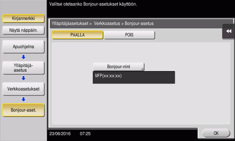 Tulostustoiminto 3.1 3 Laitteen verkkoasetusten tarkistus 1 Napauta [Apuohjelma] ja valitse [Laitteen tiedot]. Varmista, että IP-osoite näkyy näytössä. 2 Määritä Bonjour-nimi.