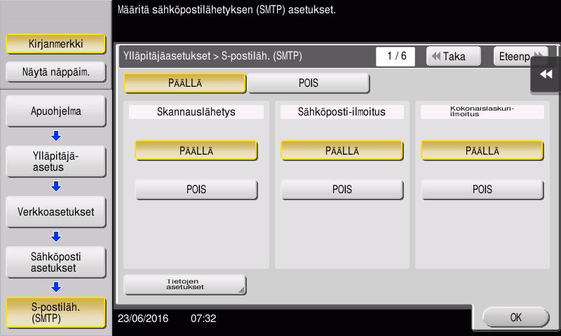 3.2 Skannaa lähetystä varten -toiminto 3 Sähköpostilähetysympäristön määritys 1 Napauta [Apuohjelma] ja valitse [Ylläpitäjäasetus] - [Verkkoasetukset] - [Sähköpostiaset.]. % Katso pääkäyttäjän oletussalasanaa koskevat lisätiedot Käyttäjän opas -CD:ltä/-DVD:ltä.