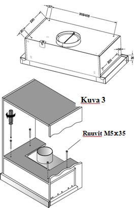 Liesituulettimen osat: (kuva 2) 1 runko 2 liitin (Ø150/ Ø120) 3 virtajohto 4 kytkimet 6 ulosvedettävä etupaneeli 7, 8 - alumiinisuodattimet 9 LED valaisimet Kuva 2 ASENNUS Suosittelemme laiteen